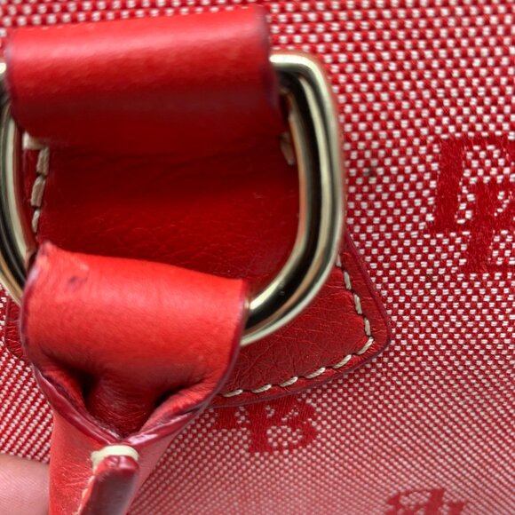 Dooney & Bourke Red Monogram Canvas Leather Trim Large Domed Satchel Bag - Picture 11 of 12